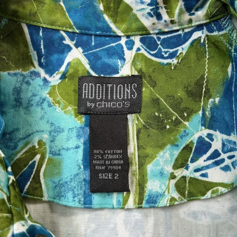 Chico's Women's Artsy Floral Jacket Snap Pockets Lightweight Size 2 L Blue Green
